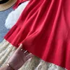Kvinnor Koreansk stickad klänning Polka dot V Neckpuffhylsa En linje Ruffle Klänning Höst Casual Lace Patchwork Dress 210419