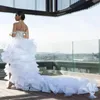 2023 A Line Wedding Dresses Sexy Split High Low Off the Shoulder Silver Beads Organza Tiered Ruffles Bridal Gowns Chapel Train Plus Size vestido de noiva