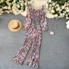 Women Autumn Boho Floral Set Puff Sleeve Drawstring Ruched Tops+High Waist Pleated Wide Leg Long Pants Two Pieces Set 210419