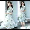 Casual Jurken Womens Kleding Apparel Drop Levering 2021 Mode Elegante Print Chiffon Sexy Midi Summer 2XL Plus Size Bloemen Vintage Baan