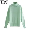 TRAF Women Fashion Soft Touch Loose Knitted Sweater Vintage High Neck Long Sleeve Female Pullovers Chic Tops 210415