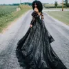 Robes de mariée noires à manches longues robe de mariée dentelle appliques tulle balayage train scoop illusion cou sur mesure gothique grande taille robe de novia 2021 401 401