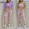 Kvinnor Två bitar Set Plaid ColorBlock Crop Top Pocket Design Pants Set Sport Suit 210727