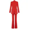 Winter Women's Clothing Set Sexy Red Long Sleeve Blazer Coats Office Lady Two Pieces Boot Cut Pant Suits 210527