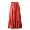 High Waist Long Skirts Womens Boho A-line Full Skirt Floral Print Drawstring Lace-Up Maxi Clothes White Summer Red Bohemian 210629