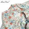 Mode Set Lente Dames Lantaarn Mouw Boog Kraag Floral-Print Tops + Broek Cowboy Twee stukken 210524