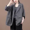 Johnature Dames Vintage Suit Jas Effen Kleur Katoen Mix Turn-Down Kraag Lente Japan Style Button Pockets Jassen 210521