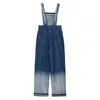 [Eam] Loose Fit Women Blue Denim Wide Leg Jumpsuit High Waist Pocket Stitch Pants Fashion Spring Höst 1DD7861 210512