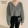 Vinter Koreansk stil Lös V-Neck Pullover Kort tröja Kvinnor Twist Bat Sleeve Stickad Jumper Solid Lazy Sweaters 11644 210528