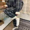 QWEEK Pijama Plaid Koreański Piżamy Kobiety Jesień Sleepwear Kobieta Zestaw Koronki Chic Loungewear Słodki Z Długim Rękaw Piżama Piżama Dismigee 211112