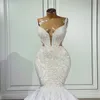 Luxuriöse, mit Perlen verzierte Meerjungfrau-Hochzeitskleider, Brautkleider, Spaghetti, V-Ausschnitt, Sweep-Zug, Robe de Soiree Mariage253D