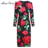 Moda Designer Vestido Primavera Outono Vestido Mulheres Manga Longa Rosa Floral-Print Slim Vestidos 210524