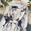 Singreiny Kobiety Eleganckie Drukuj Maxi Sukienka Koreański Retro Durlar-Collar Button Dress Dress Spring Boho Casual Wakacje Długa sukienka 210419
