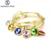 Cheap Wholesale Birthstone Charm Love Bangle Expandable Wire Bracelets for Women Gold Color Bangles Jewelry Q0719