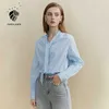 FANSILANEN Elegant bandage striped blouse shirt Women long sleeve office casaul blue top Female v neck sexy autumn 210607