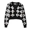Tonngirls Preppy Style Cardigan Kvinnor Långärmad Stickad Argyle Cashmere Streetwear Black Treater Vinter 211011