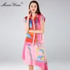 Design de designer de moda primavera Outono Mulheres de manga curta das mulheres impressão assimétrica blusa + saia assimétrica two-peça terno 210524