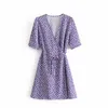 Elegante retrò viola piccolo abito avvolgente margherita con fiocchi fiocco vintage chic donne eleganti abiti con scollo a V abiti da donna casual 210520