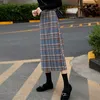 Plus Size High Waist Midi Long Wool Plaid Skirt For Women Winter Warm Elegant Office Lady Vintage Autumn Maxi s 210619