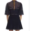 Arrived Summer Hollow Out Lace Splicing Chiffon Dress Female Pleated Self Portrait Navy Blue Short Women 210603