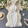 Kadın Moda Ins Seksi Çapraz Halter Örme Yüksek Bel Paketi Kalça Katı Renk Yaz Elbise Vestidos L576 210527