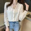 Spring Long Sleeve V-Neck Hollow Out Lace Blouse Shirt Women Tops Blouse Women Blusas Mujer De Moda Women Blouses Blusa E44 210602