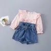 2-7 Years High Quality Spring Girl Clothing Set Fashion Casual Plaid Solid Shirt + Jeans Kid Children Girls 210615