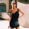 Coeur Dot Imprimer Noir Summer Beach Robe Femmes Spaghetti Sangle Dos Nu Rushed Lace Up Court Mini Robe Vintage Vacances 210415