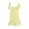 Wzburzyć Bodycon Summer Women Casual Sheath Yellow Party Dress Sukienka z krótkim rękawem Mini Dress Beach Suknie Vestidos 210415