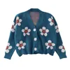 Korobov Otoño Invierno Nuevas Mujeres Suéter Preppy Estilo V Cuello Manga Larga Sueter Mujer Flor Coreana Cardigans Femeninos 210430