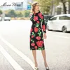 Moda Tasarımcısı Elbise İlkbahar Sonbahar kadın Elbise Uzun Kollu Gül Çiçek Baskı Ince Elbiseler 210524