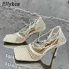 Eilyken Sexy Yellow Mesh Pumps Sandals Female Square Toe high heel Lace Up Cross-tied Stiletto hollow Dress shoes 210624