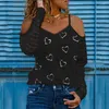 Vår Höst Kvinnor Casual Toppar Långärmad V Neck Heart Print Pullover Sheer Mesh Zipper Design T-tröja Plus Storlek X0628