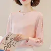 Långärmad Blusas Mujer de Moda Ladies Kontorskjortor Koreanska Lace Hollow Out Kvinnor Top White Chiffon Blouses 821F 210420