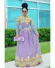 Kobiety jesień mody maxi sukienka dama długie rękaw o szyjka wysoka talia fioletowa sukienka 210415