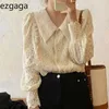 Ezgaga Koszulka Koszula Kobiety Wiosna Koreański Chic Walek Elegancki Collar Kołnierz Koronki Patchwork Długa Rękaw Puff Słodkie Kobiece Topy 210430