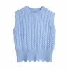 VUWWYV Blue Casual Cable Knitted Vest Female Spring Ribbed Cropped Woman Sweaters Sleeveless Elastic Waistcoat Tops 210430