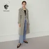 FANSILANEN Moda autunno inverno lungo trench Giacca a vento da donna casual streetwear cintura elegante verde femme 210607