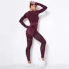Vrouwen Sportpak 2 Stuk Fitness Trainingspak Set Gym Workout Kleding Lange Mouwen Crop Top + Hoge Taille Leggings Yoga Sets 210813
