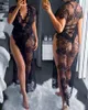 Vrouwen Sexy Wimper Kant Sheer Mesh High Slit Nachthemd Dame Slaapkamer Zien via Slim Fit BabyDolls 210415