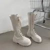 Stivali al ginocchio in pelle da donna PU invernali con plateau alto gotico Scarpe con lacci da moto Nero Bianco 388 897