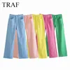 Pantalones TRAF para mujer Za moda Jeans bolsillos Color sólido pierna ancha Vintage cintura alta cremallera mosca mujer pantalones de mezclilla 211129