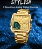 Boamigo 2021 Nowy Top Marka Luksusowe męskie zegarki Złoty Ze Stali Nierdzewnej Sport Square Analog Digital Duży Zegarek Kwarcowy dla człowieka