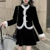 Ezgaga Two Piece Set Women Casual Vintage Black Lace Patchwork Cropped Jackets and High Waist Skirts Elegant Outwear Korean Tops 210430