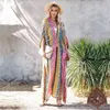 여러 가지 빛깔 된 비키니 커버 업 섹시한 V 넥 긴 소매 Boho 여름 해변 드레스 플러스 사이즈 비치웨어 수영복 Q1085 210420