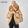 Lagabogy Inverno Donna Pelliccia di procione naturale Piumino d'anatra bianca Cappotto Donna Giacca imbottita calda con cappuccio Parka allentato Capispalla da neve 211007