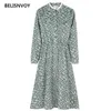 Mori Girl Spring Autumn Women Corduroy Dress Elastic-Waisted Vintage Vestidos Korean Sweet Ruffled Floral Printed Midi 210520