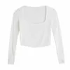 Herbst Frauen Quadrat Kragen Stricken Kurzes T-shirt Casual Femme O Hals Langarm Crop Tops T1380 X0628