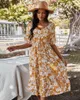Floral Print Ruffled Letnia sukienka Kobiety Eleganckie Sashes V-Neck Długa Sukienka Kobieta Casual Commian Plażowy Suknie Odzież 210521