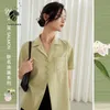 FANSILANEN Office Lady Suit Collar Yellow Shirt Women's Summer Short-sleeved Embroidered Tops 210607